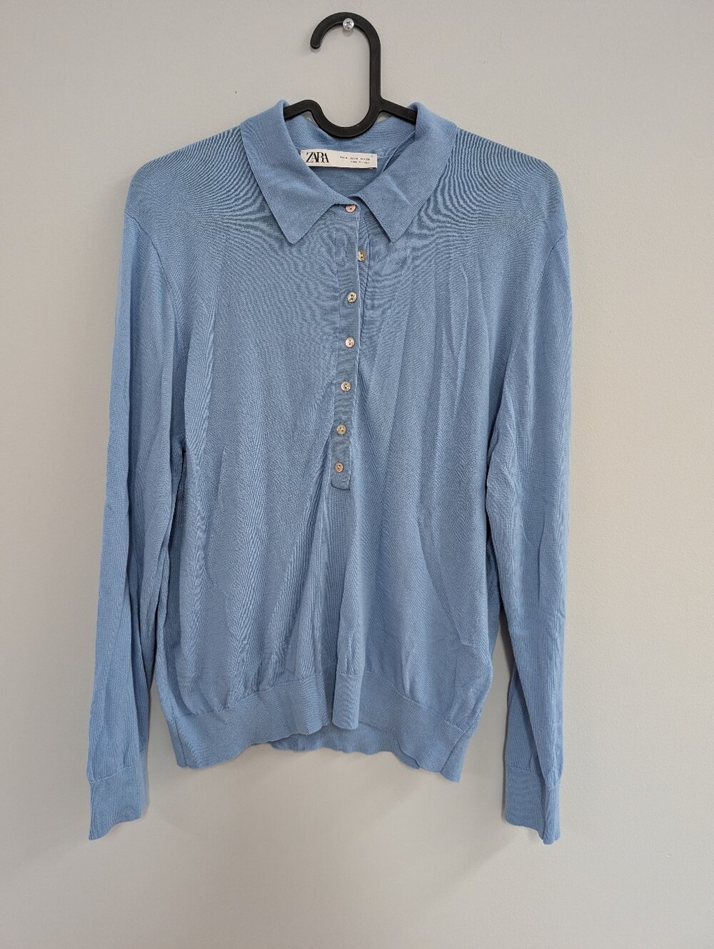 Zara Women's Light Blue Button Polo Sweater